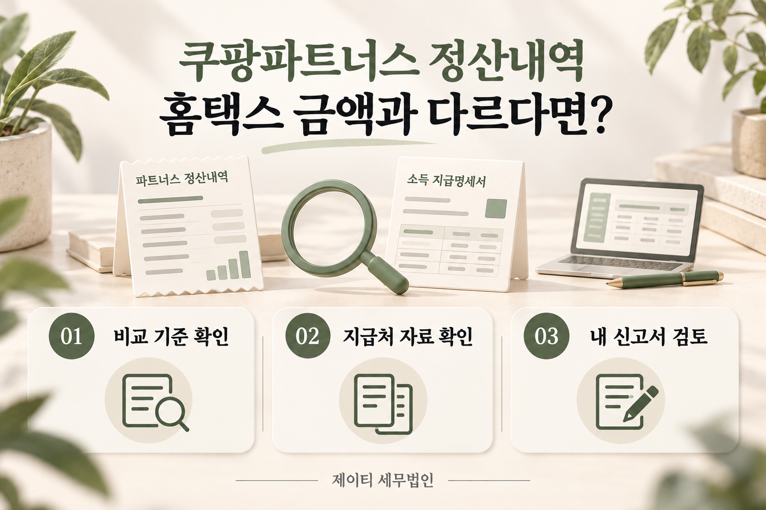 쿠팡파트너스 정산내역과 홈택스 자료의 비교 기준, 지급처 자료, 본인 신고서를 차례로 확인하는 안내