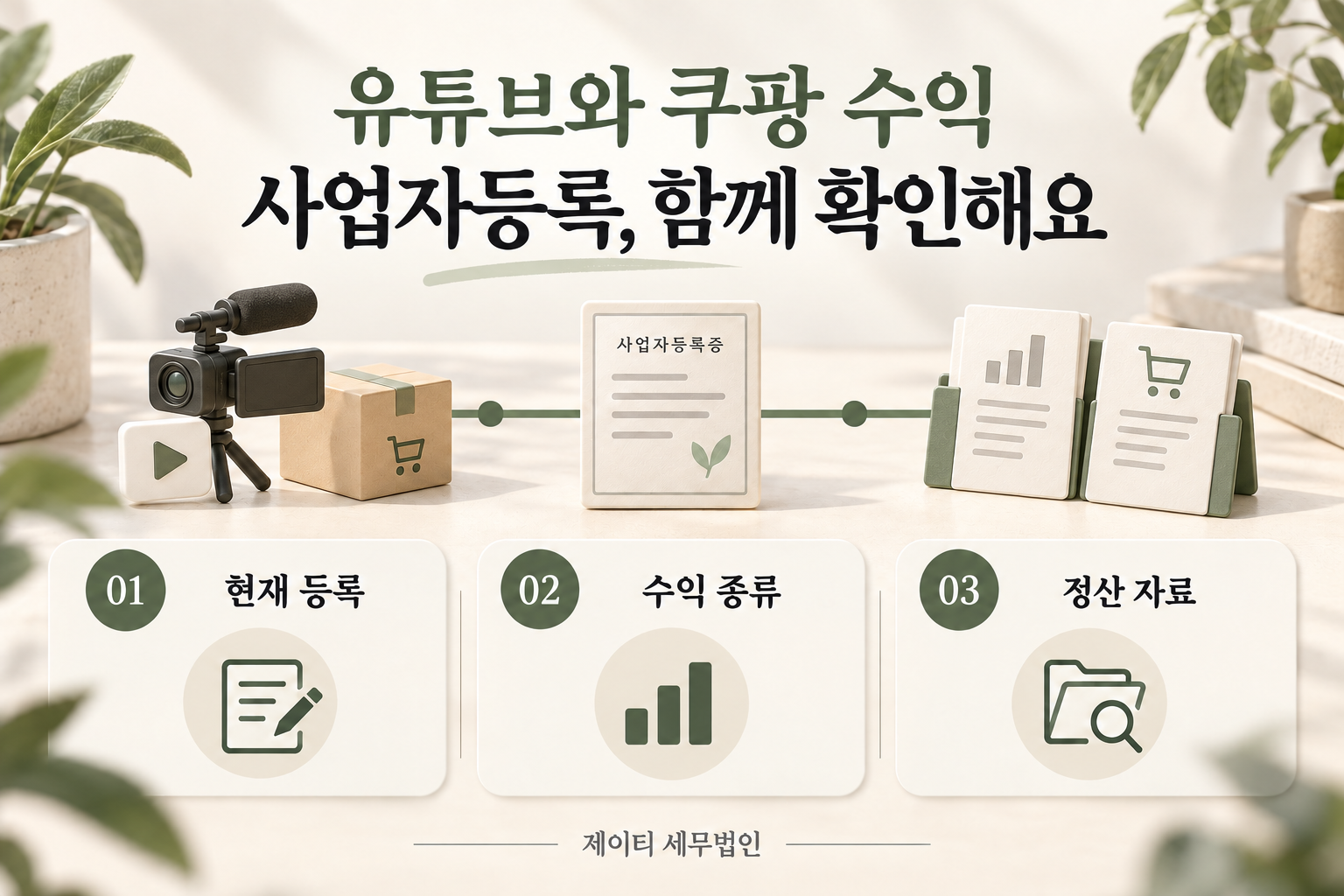 유튜브와 쿠팡 수익의 사업자등록 상담 전 현재 등록, 수익 종류, 정산자료를 확인하는 안내